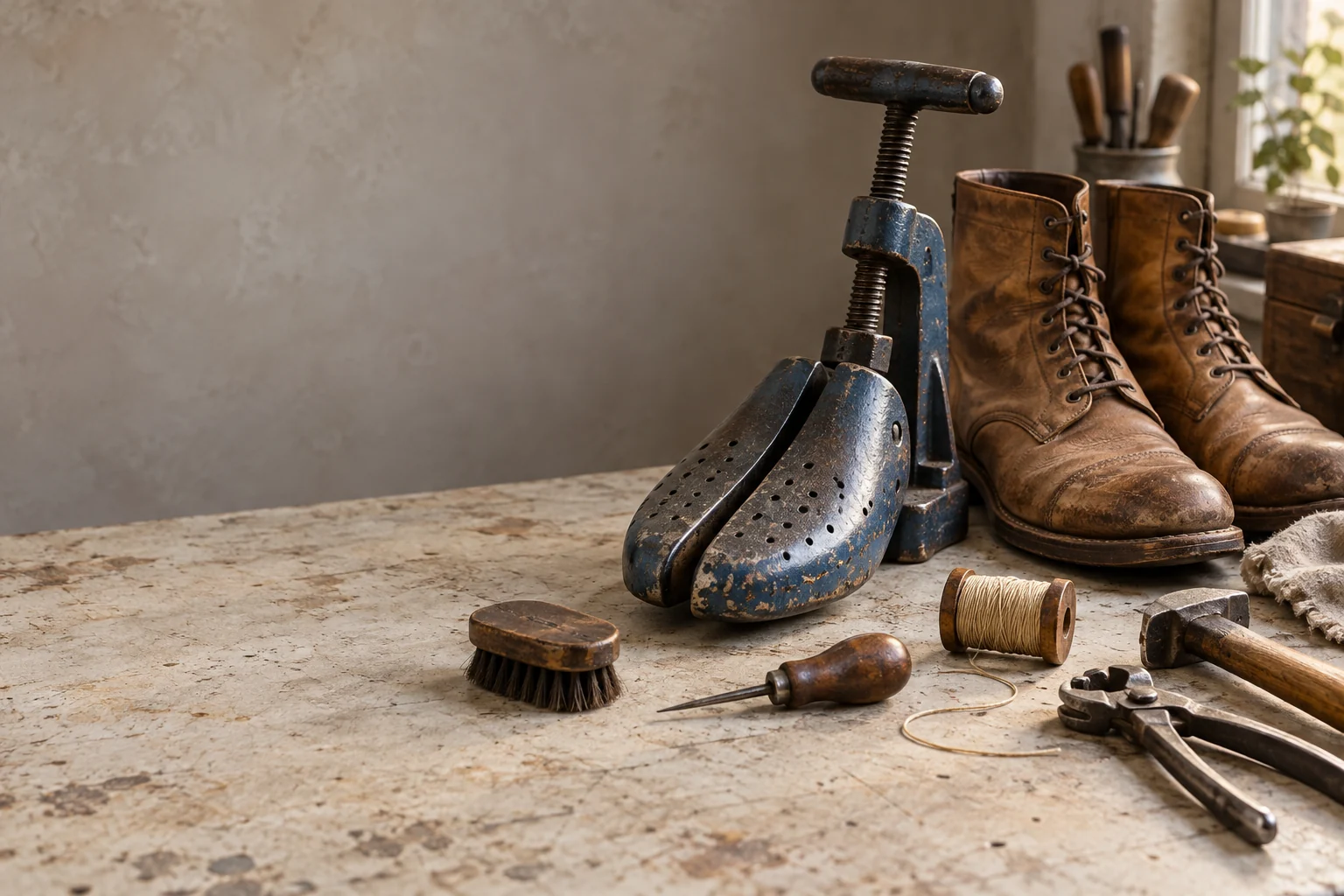 Illustrative shoe repair still life with tan leather boots, blue stretching tool and steel hardware; not the merchant shop or customer property.